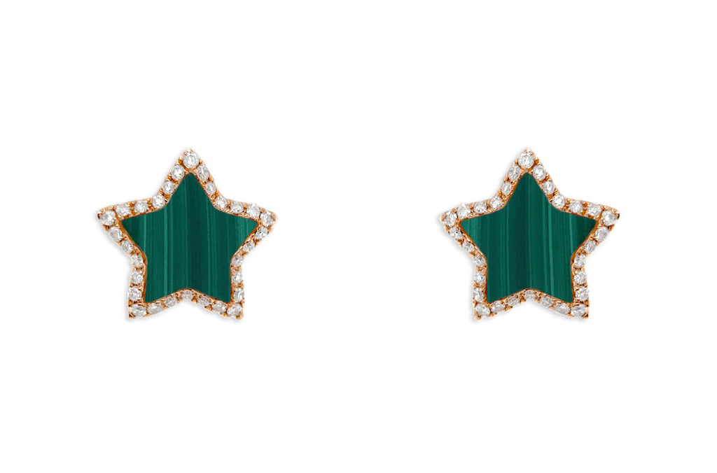 Earrings 18kt Gold Stars Malachite & Diamonds Halo Studs