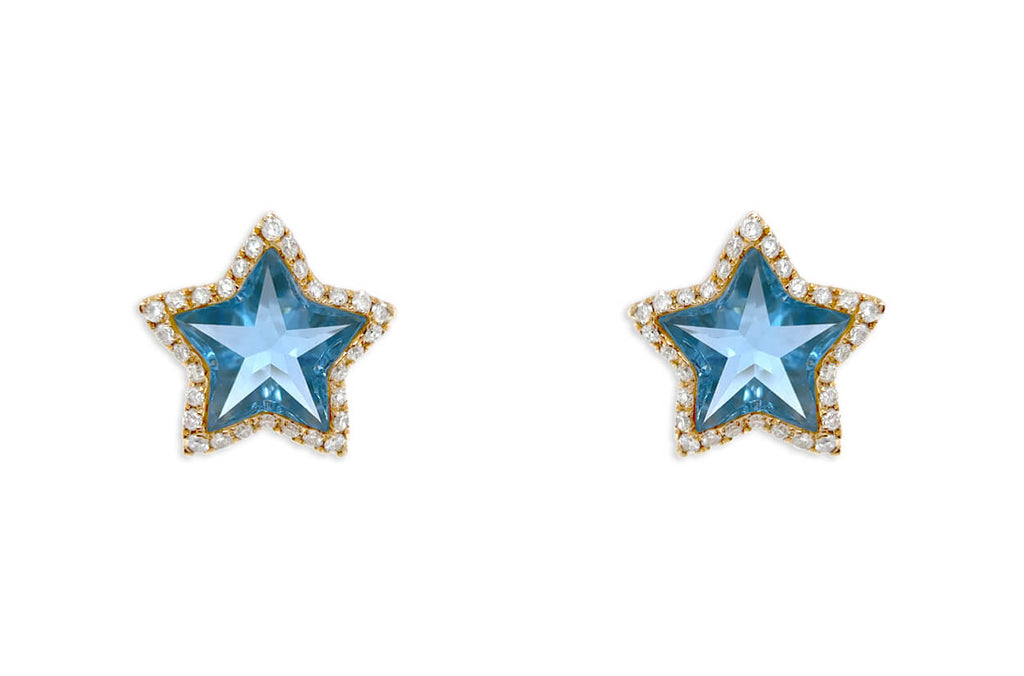 Earrings 18kt Gold Stars Blue Topaz & Diamonds Halo Studs