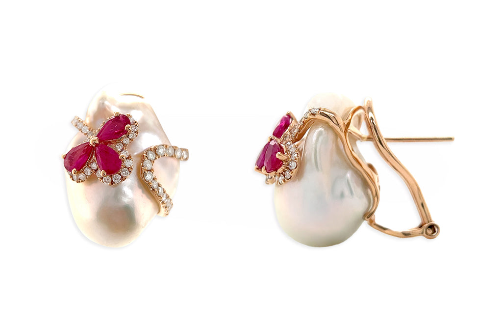 Earrings 18kt Gold Baroque Pearls with Rubies & Diamonds Flowers