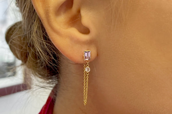 Earrings 18kt Gold Amethyst Chain & White Topaz
