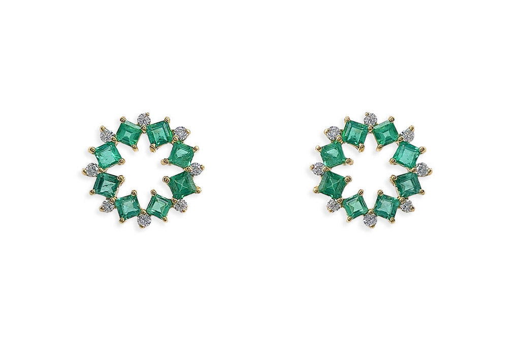 Earrings 18kt Gold Open Flowers Gems & Diamonds Studs