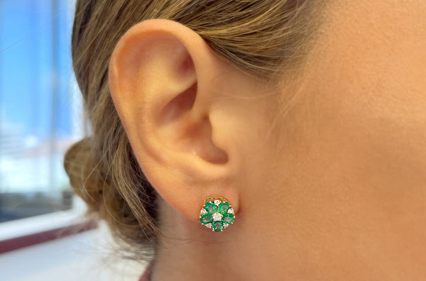 Earrings 14kt Gold Flowers Oval Emeralds & Diamonds