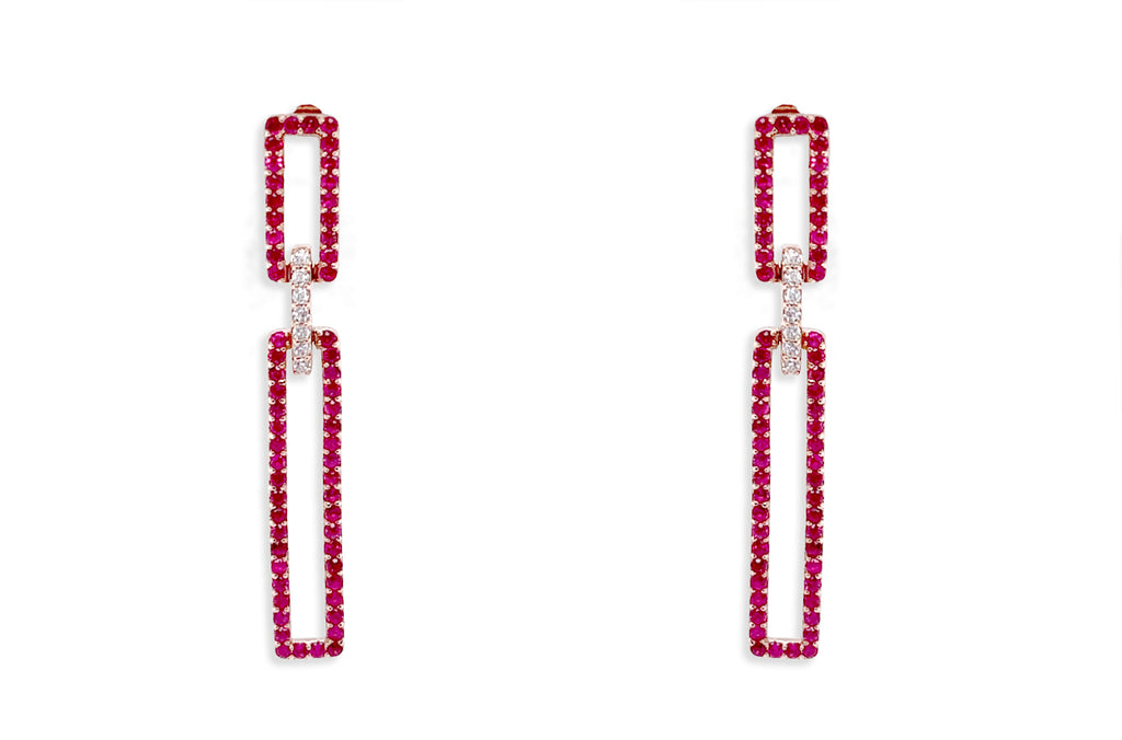 Earrings 18kt Gold Rectangular Rubies & Diamonds Drops