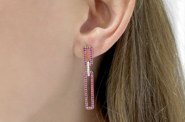 Earrings 18kt Gold Rectangular Rubies & Diamonds Drops
