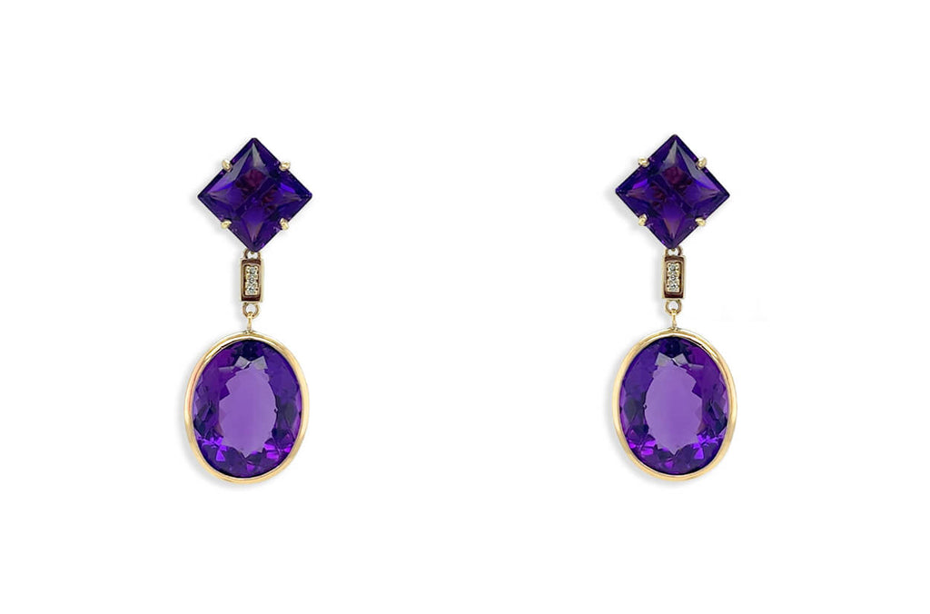 Earrings 14kt Gold Square & Oval Amethysts with Diamonds