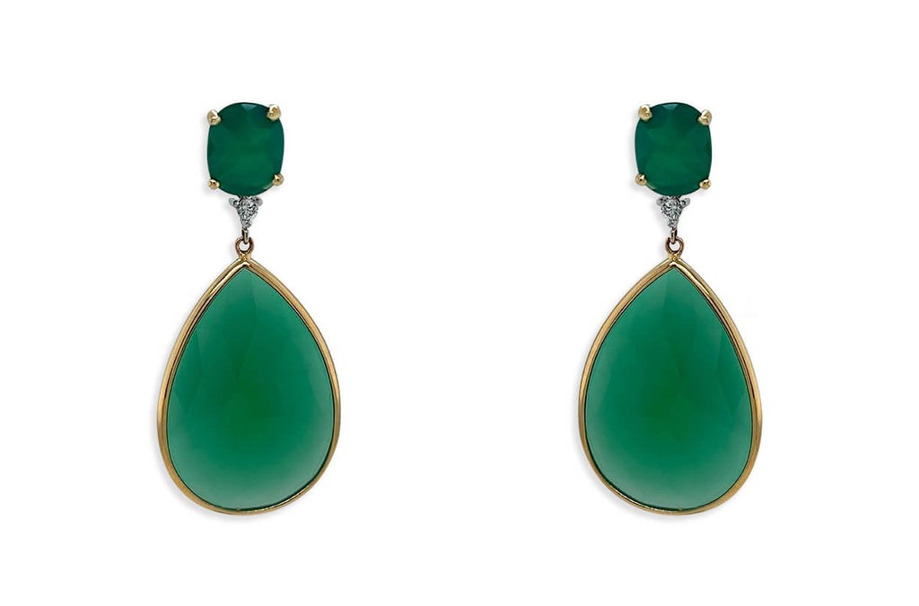Earrings 14kt Gold Green Agates & Diamonds