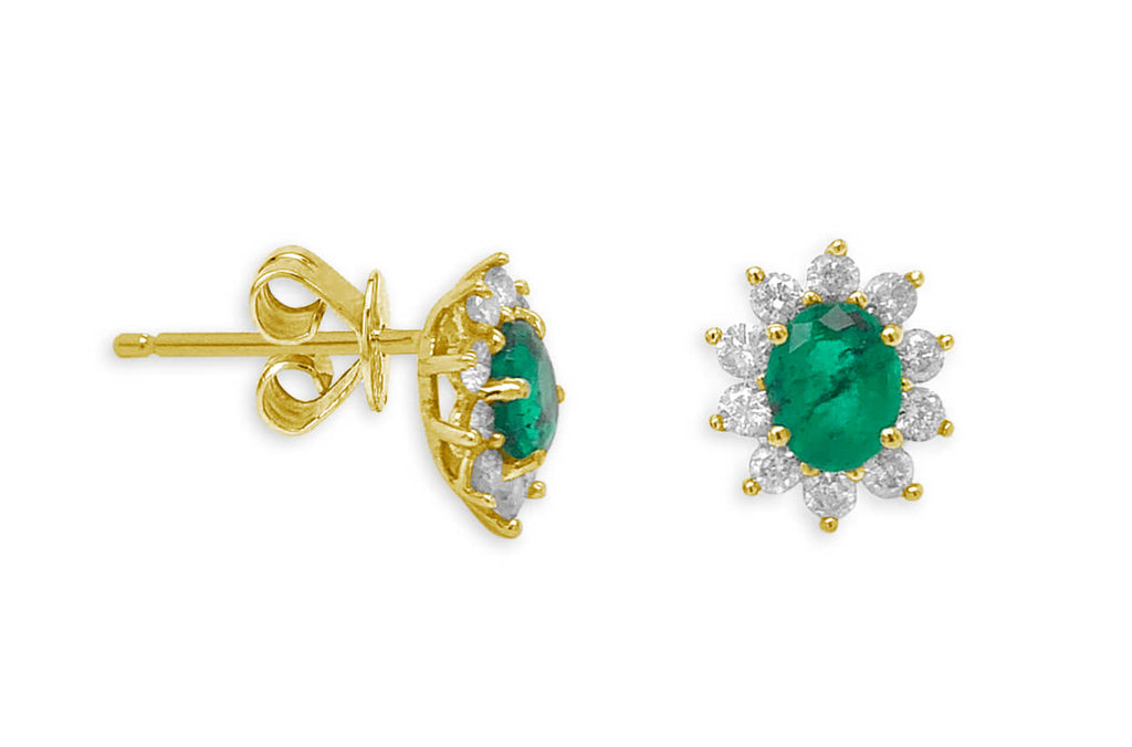 Earrings 18kt Gold Oval Emeralds & Diamonds Studs