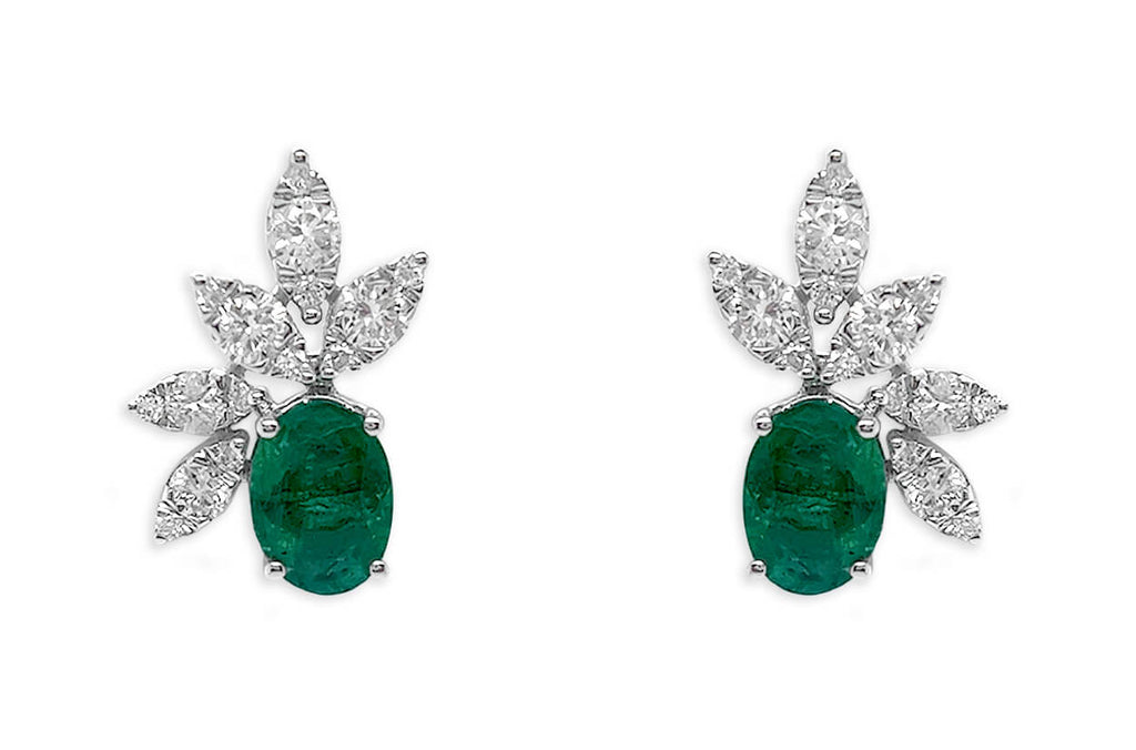 Earrings 18kt Gold Oval Emeralds & Diamonds Flowers