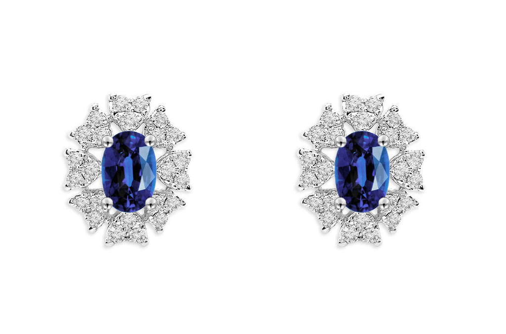 Earrings 18kt Gold Oval Sapphires Stud & Hearts Halo Diamonds