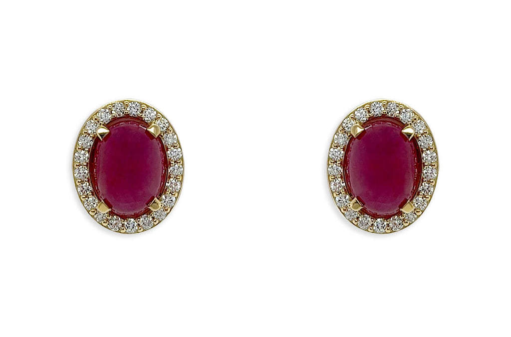 Earrings 18kt Gold Oval Ruby Cabochons & Diamonds Studs