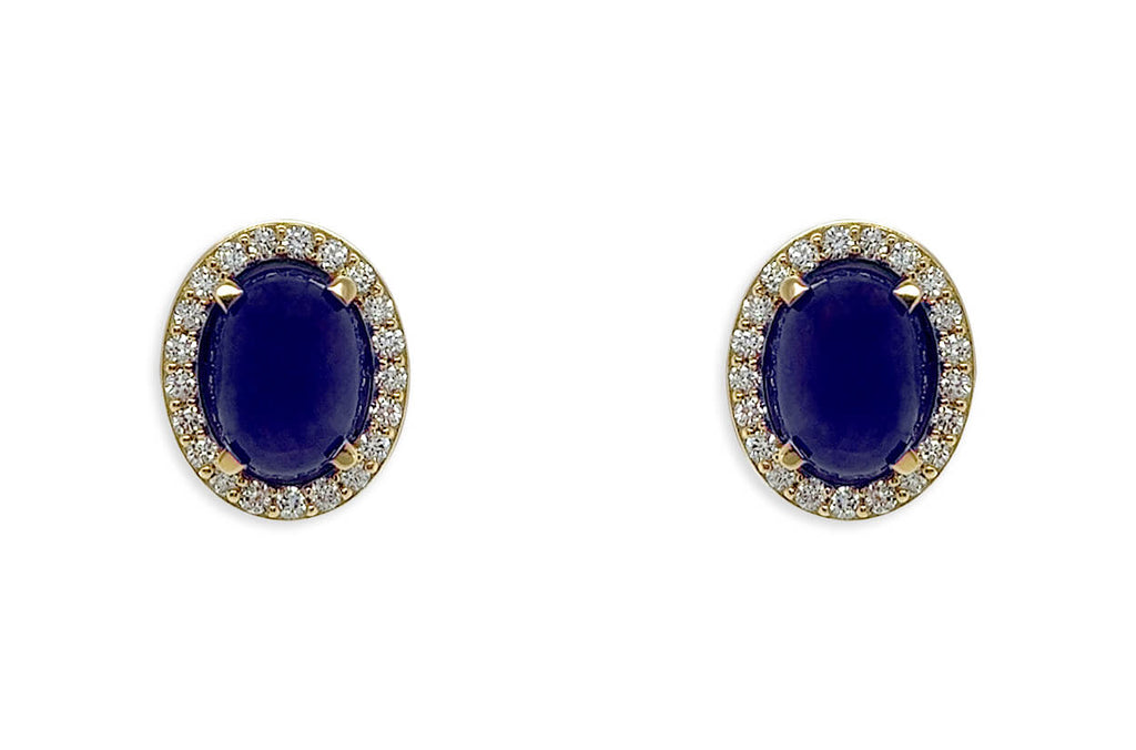Earrings 18kt Gold Oval Sapphire Cabochons & Diamonds Studs