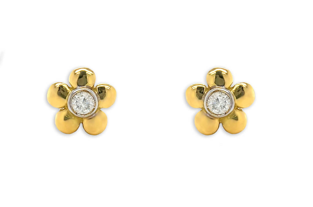 Mini Earrings 18kt Gold Flower & Bezel Diamond Studs