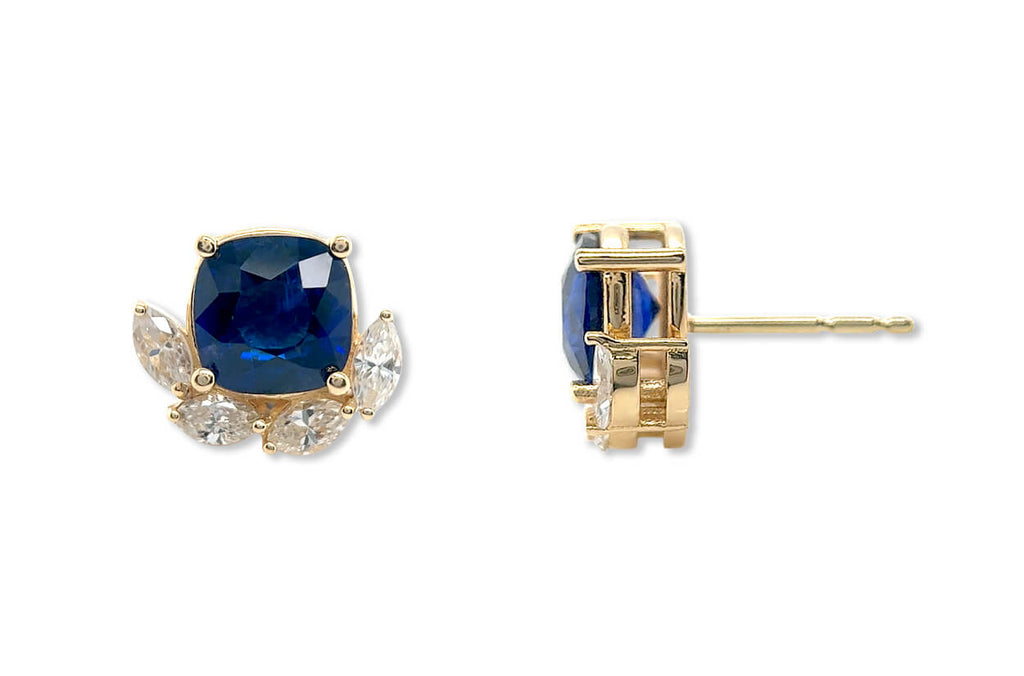 Earrings 18kt Gold Blue Sapphires & Marquise Diamonds Studs
