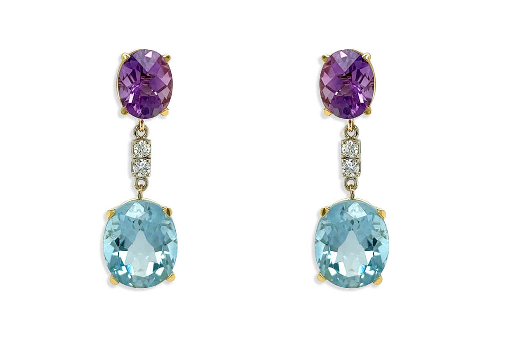 Earrings 18kt Gold Amethyst & Blue Topaz Drops with Diamonds