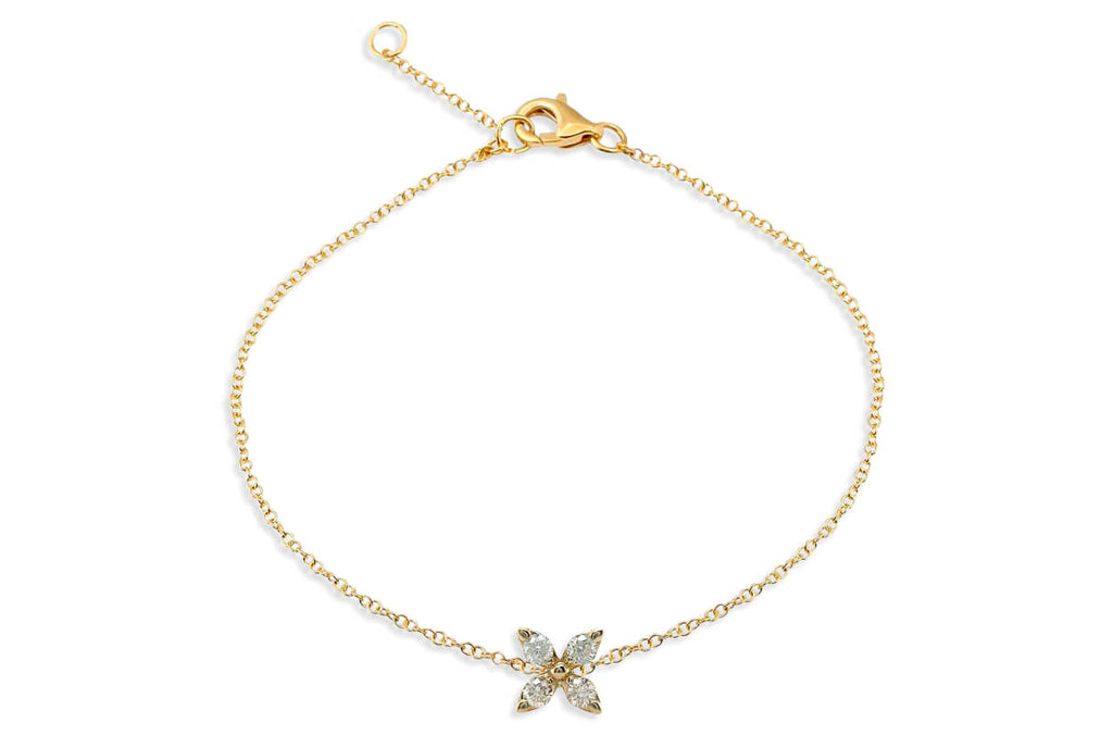 Bracelet 14kt Gold Chain Flower & Four Diamonds