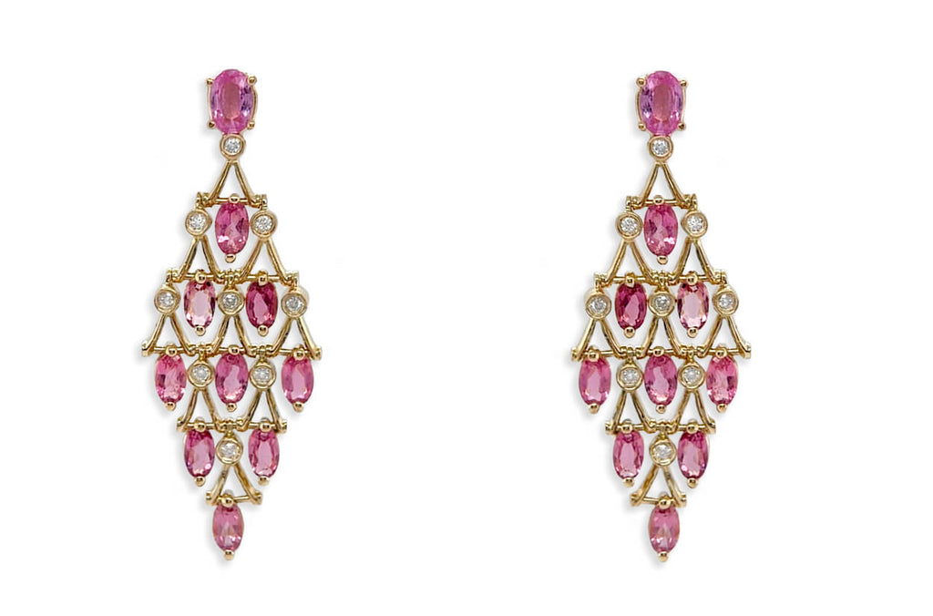 Earrings Oval Pink Sapphire Chandelier & Diamonds