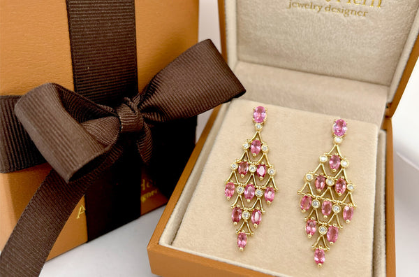 Earrings Oval Pink Sapphire Chandelier & Diamonds