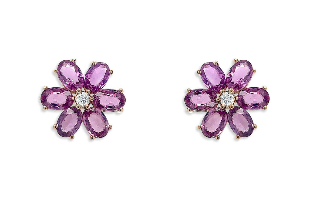 Earrings 18kt Gold Oval Insignia Flowers & Diamonds