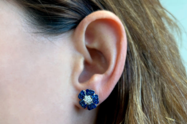 Earrings 18kt Gold Flowers Square Sapphires & Diamonds