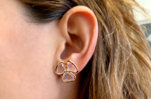 Earrings 18kt Gold Quartz Flowers & Diamonds