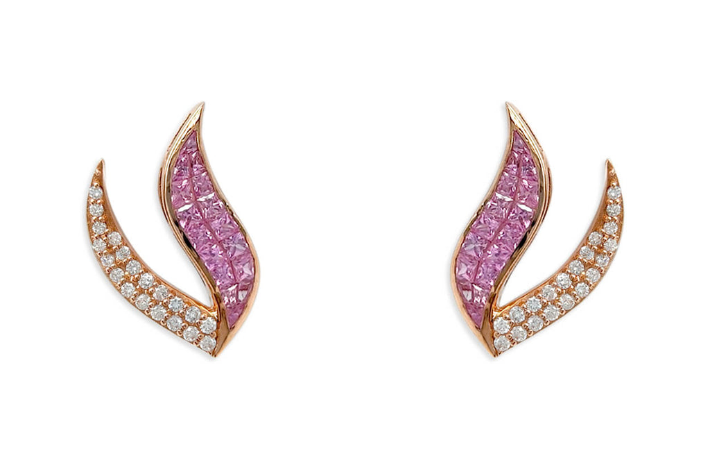 Earrings 18kt Gold Princess Cut Pink Sapphires & Diamonds