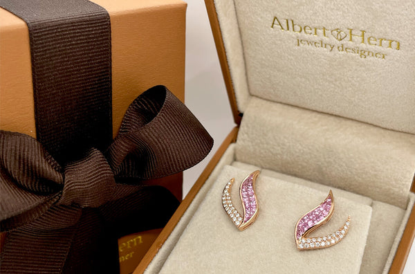 Earrings 18kt Gold Princess Cut Pink Sapphires & Diamonds