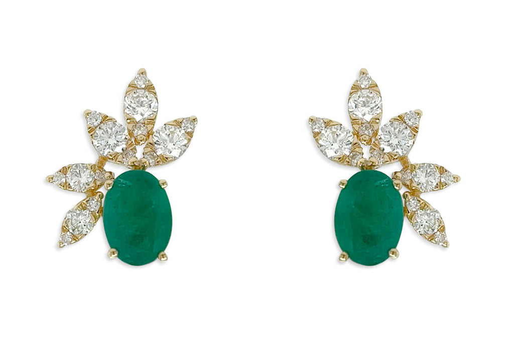 Earrings 18kt Yellow Gold Oval Emerald & Diamonds Flowers