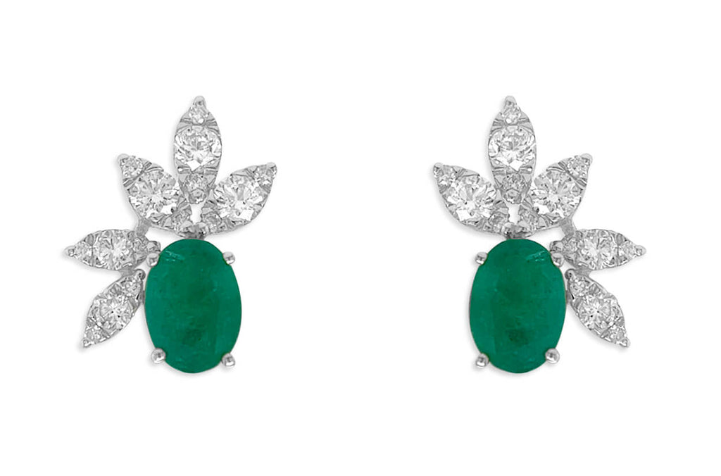 Earrings 18kt White Gold Oval Emerald & Diamonds Flowers