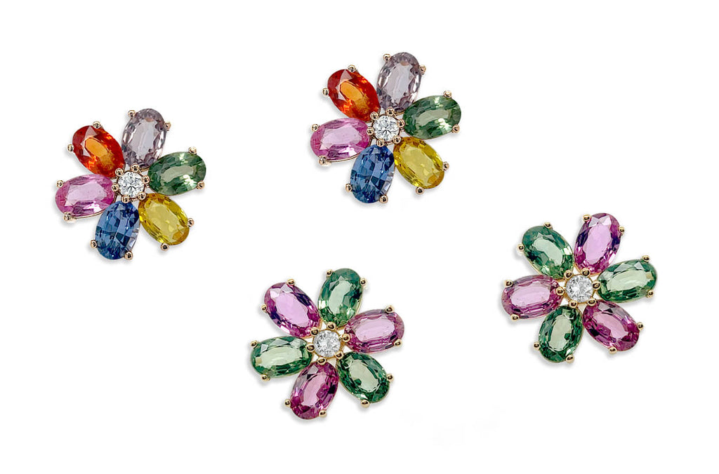 Earrings 18kt Gold Multicolor Oval Insignia Flowers & Diamonds