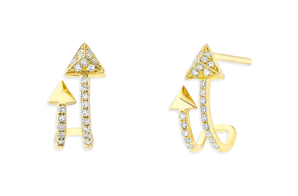 Earrings 14kt Gold Double Arrow Huggies & Diamonds