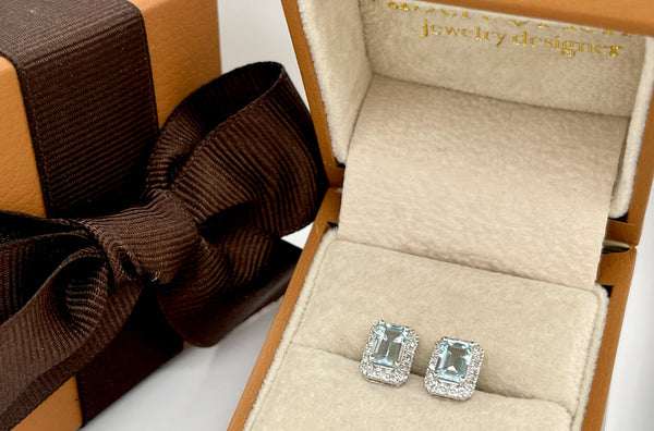 Earrings 18kt Gold Aquamarines & Diamonds Halo Studs