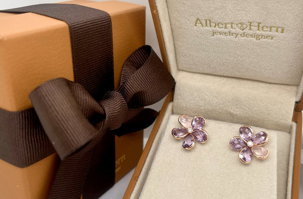 Earrings 18kt Gold Quartz & Amethysts Flowers