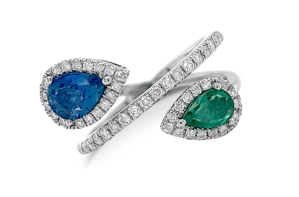 Ring 18kt Gold 2 Pear Sapphire & Emerald with Diamonds