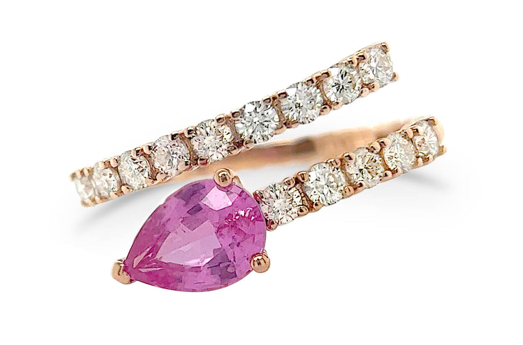 Ring 18kt Gold Pink Sapphire Pear & Diamonds Bypass