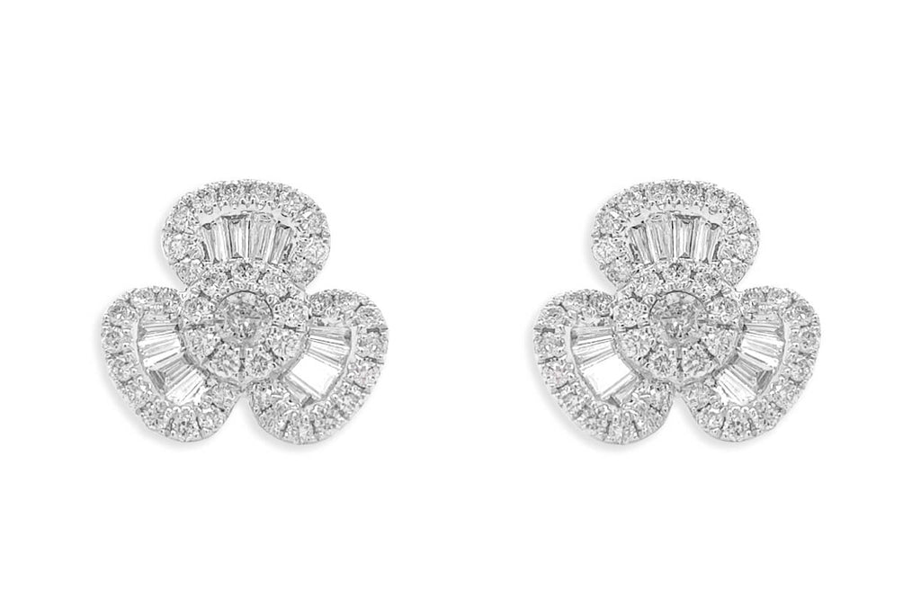 Earrings 18kt Gold Baguette & Round Diamonds Flowers