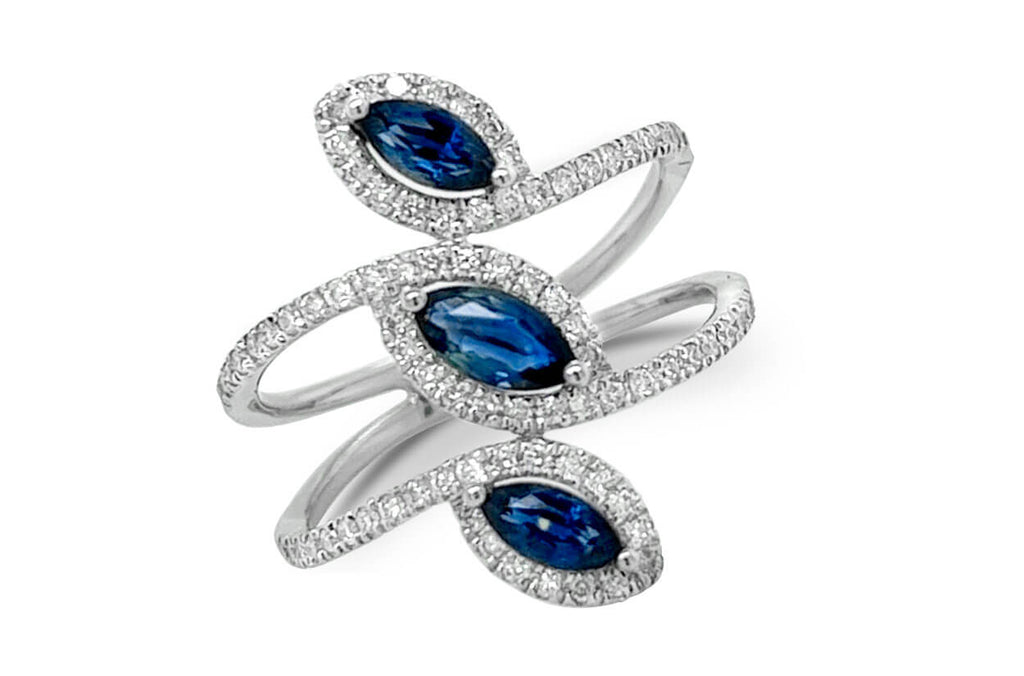 Ring 18kt Gold Triple Row Sapphire Marquise & Diamonds