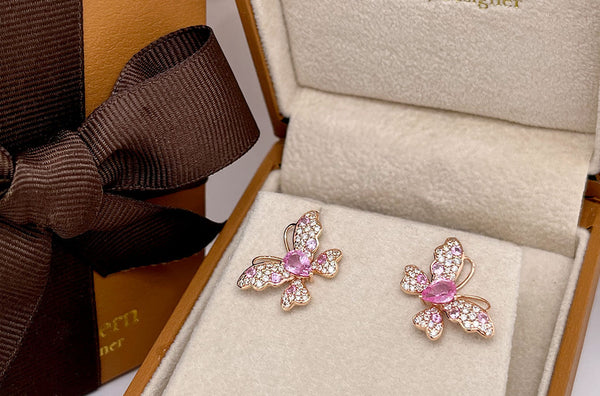 Earrings 18kt Gold Pink Sapphire & Diamonds Butterflies