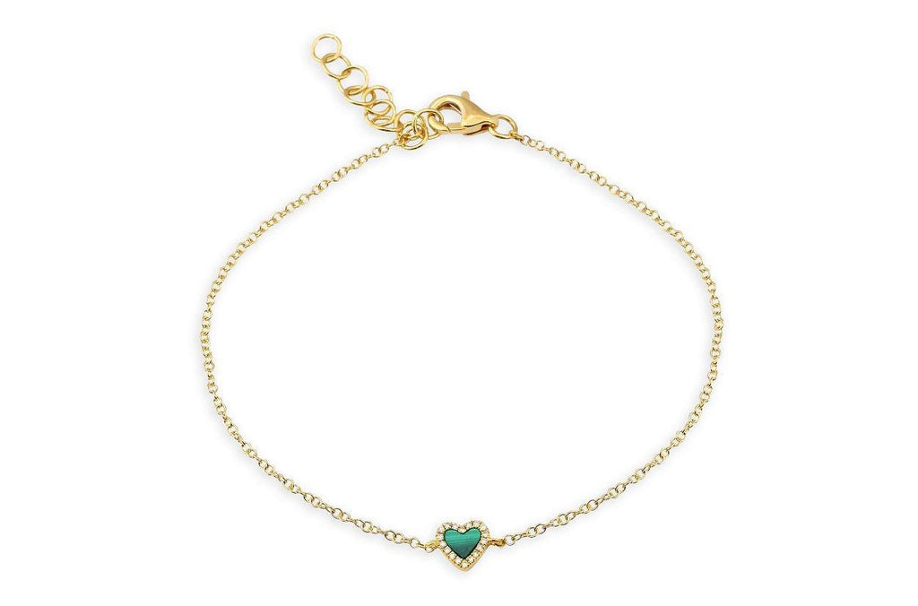 Bracelet 14kt Gold Chain Malachite Heart & Diamonds - Albert Hern Fine Jewelry