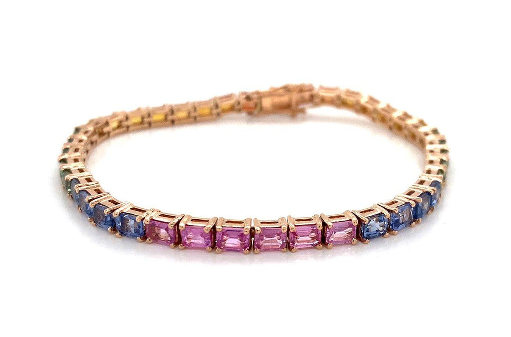 Bracelet 14kt Gold Emerald Cut Multicolor Sapphires Tennis - Albert Hern Fine Jewelry
