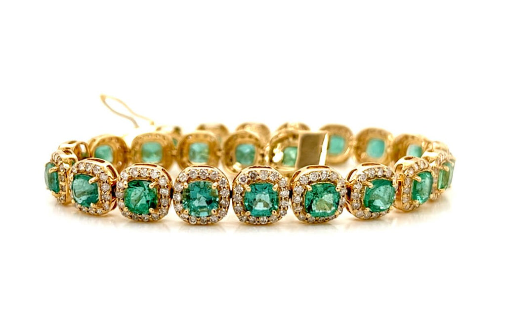 Bracelet 14kt Gold Emeralds & Diamonds Halo Tennis - Albert Hern Fine Jewelry