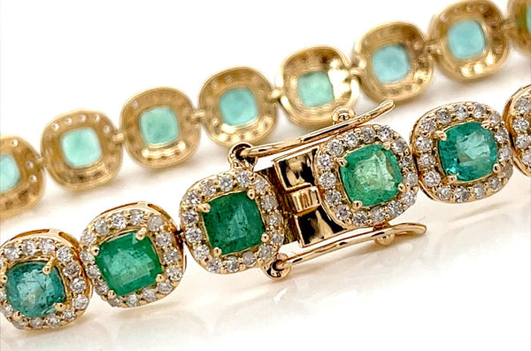 Bracelet 14kt Gold Emeralds & Diamonds Halo Tennis - Albert Hern Fine Jewelry