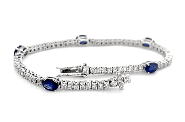 Bracelet 14kt Gold Oval Blue Sapphires & Diamonds Tennis - Albert Hern Fine Jewelry