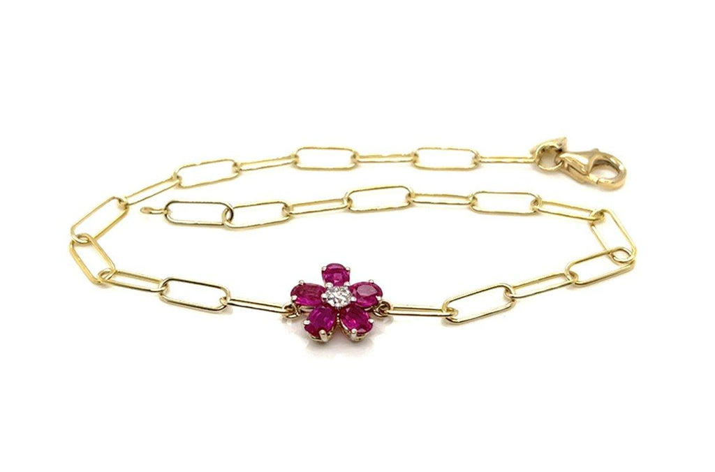 Bracelet 14kt Gold Paper Clip & Ruby Flower - Albert Hern Fine Jewelry