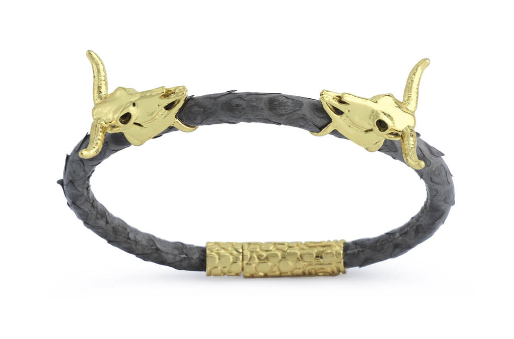 Bracelet LivingSkull Men Python Leather & Two Bull Skulls - Albert Hern Fine Jewelry