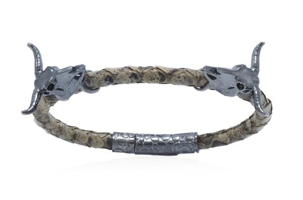 Bracelet LivingSkull Men Python Leather & Two Bull Skulls - Albert Hern Fine Jewelry