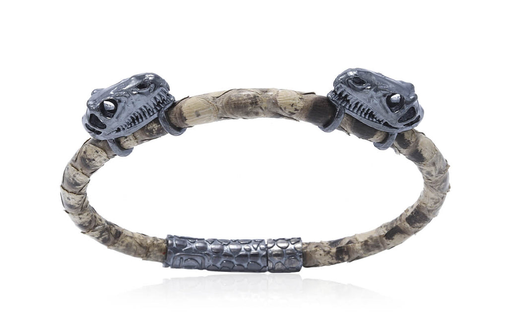 Bracelet LivingSkull Men Python Leather & Two Silver T-Rex Skulls - Albert Hern Fine Jewelry