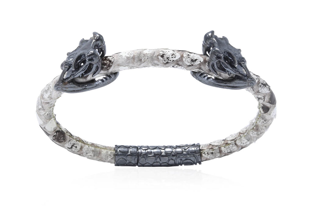 Bracelet LivingSkull Men Python Leather & Two Silver Viper Skulls - Albert Hern Fine Jewelry