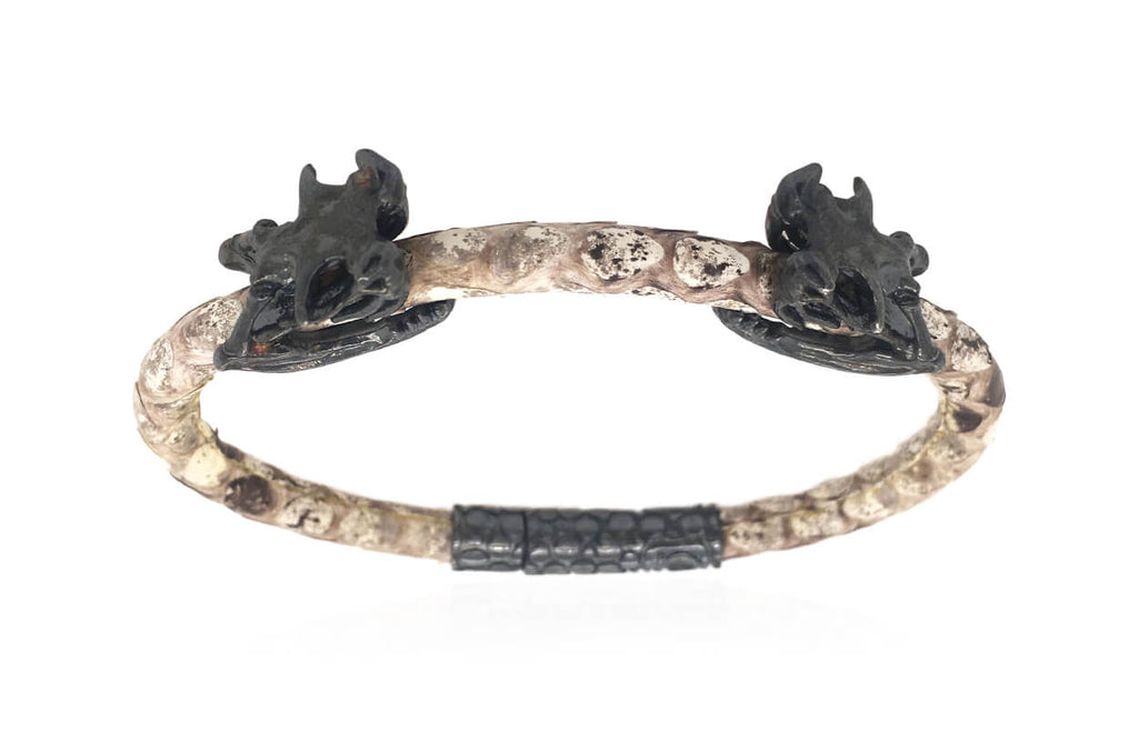 Bracelet LivingSkull Men Python Leather & Two Silver Viper Skulls - Albert Hern Fine Jewelry