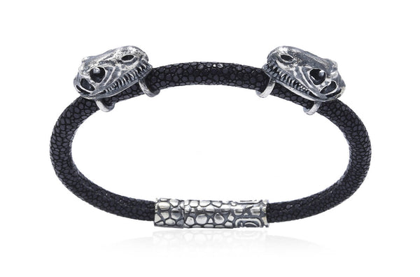 Bracelet LivingSkull Men Stingray Leather & Two T-Rex Skulls - Albert Hern Fine Jewelry