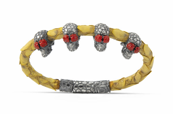 Bracelet LivingSkull Women Phyton Leather & Four Human Skulls - Albert Hern Fine Jewelry